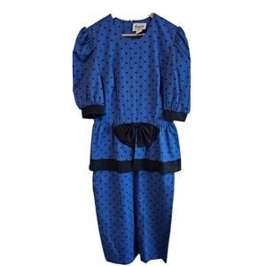 Vintage Peplum Dress Womens Small Blue Polka Dot 80s Glam Rock Retro Pinup Bow